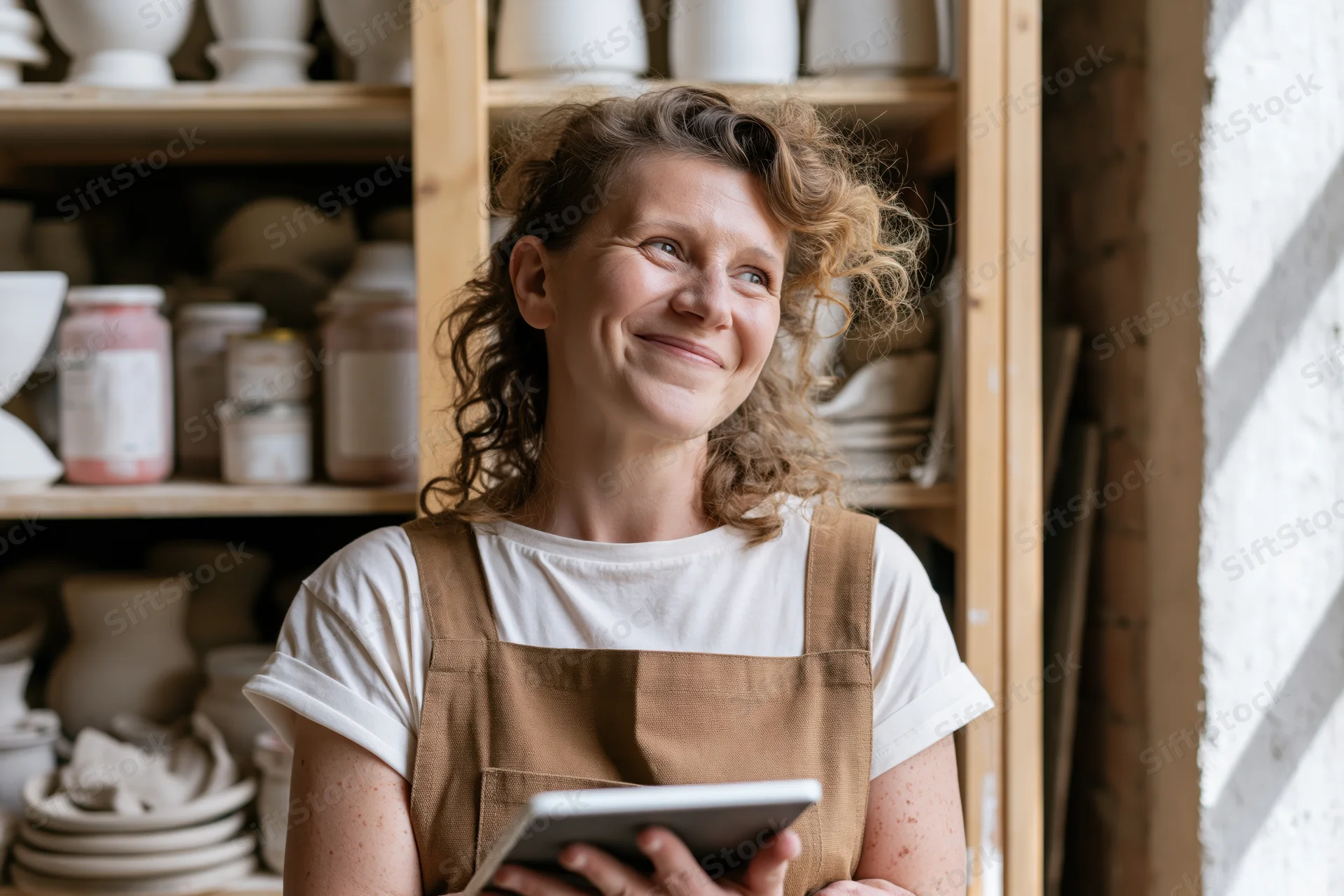 Woman smiling while holding tablet in ceramics studio