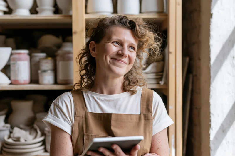 Woman smiling while holding tablet in ceramics studio