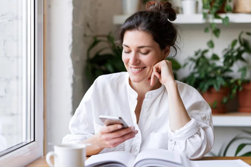Woman smiling while using smartphone and reading book at home near window