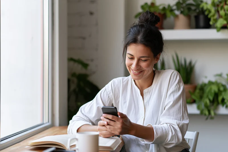 Woman smiling while using smartphone at wooden desk near window with plants and open book