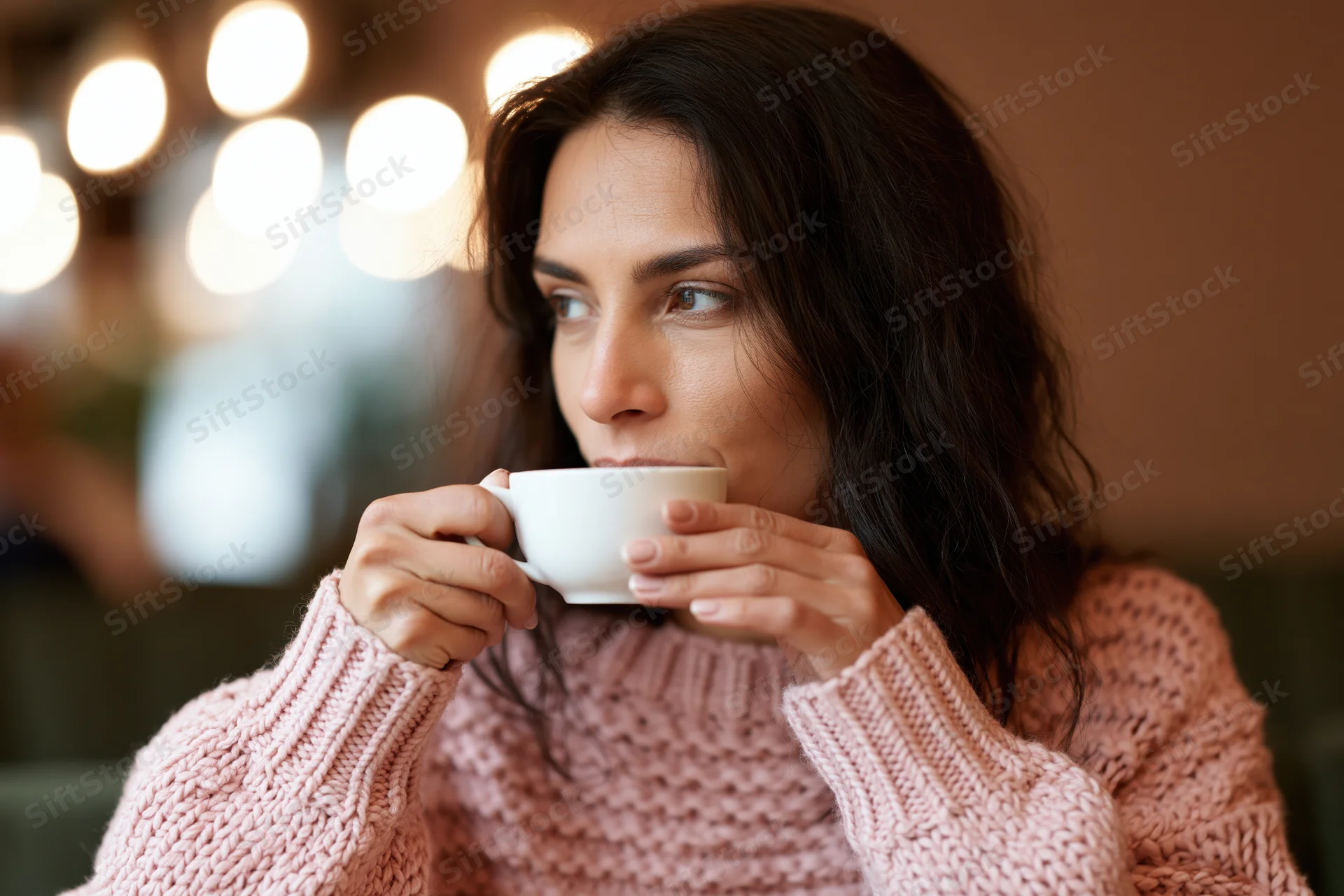 Woman sipping coffee from a white cup in a cozy cafe interior
