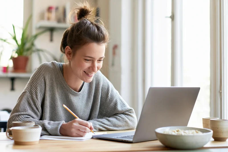 Woman smiling while writing in notebook beside laptop at home office desk