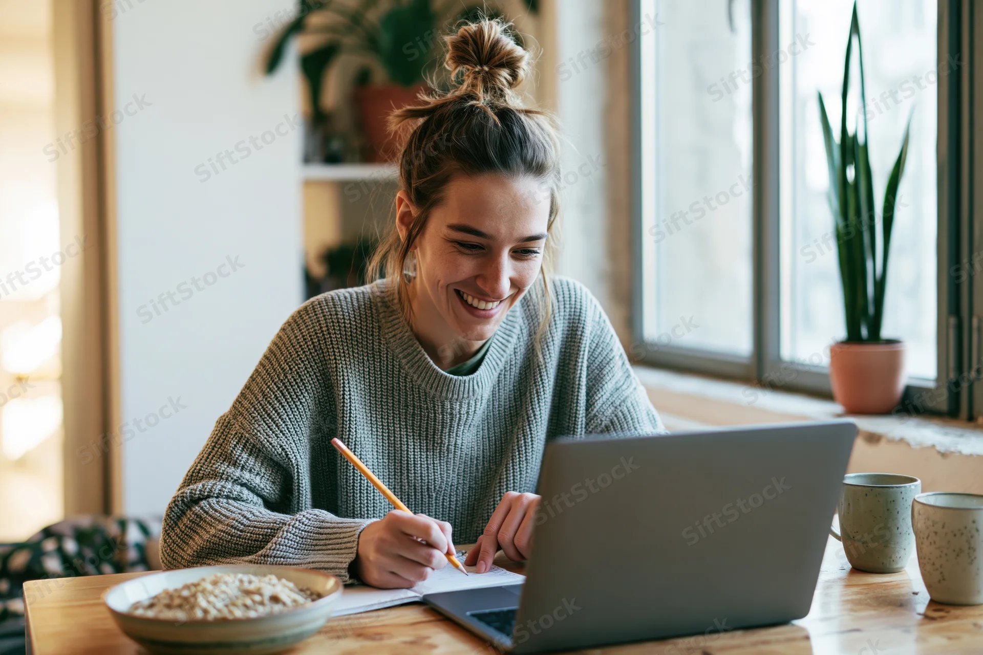 Woman smiling while writing in notebook beside laptop at home office desk