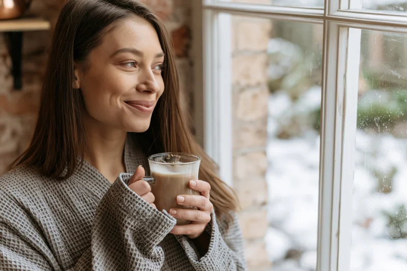 Woman holding glass mug of latte smiling by window at snowy scene