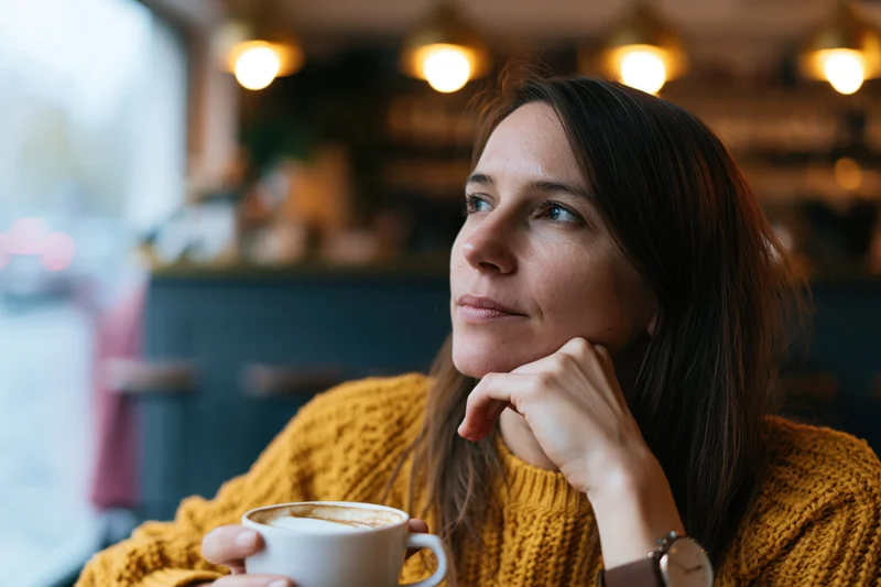 Woman holding coffee cup while gazing out cafe window in contemplative pose