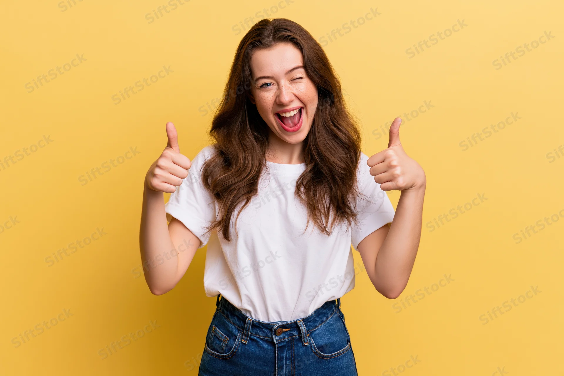 Young woman winking and giving two thumbs up against yellow background