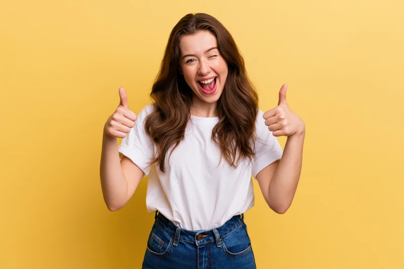Young woman winking and giving two thumbs up against yellow background