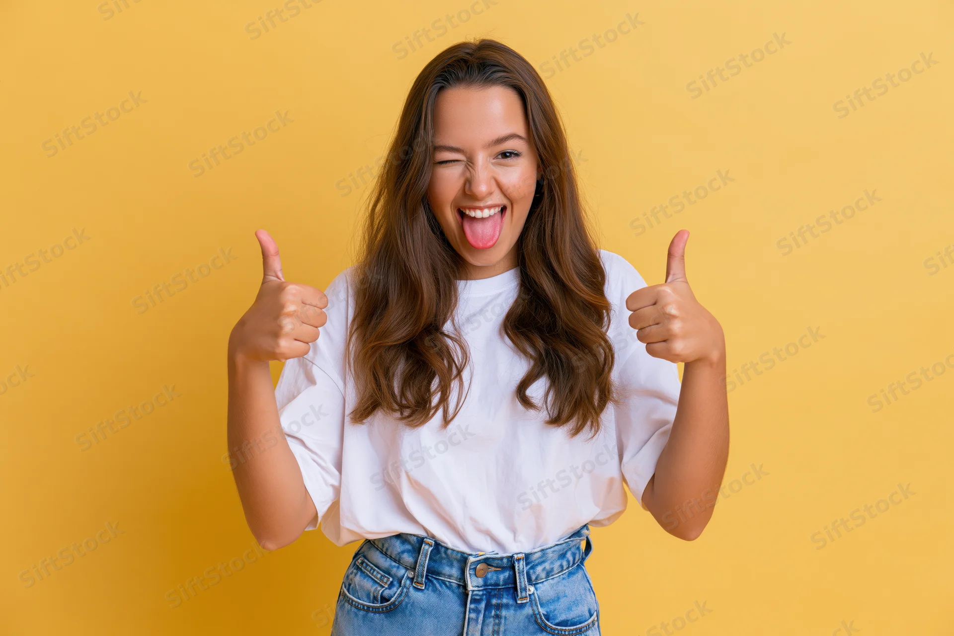 Young woman winking and giving thumbs up with tongue out against yellow background