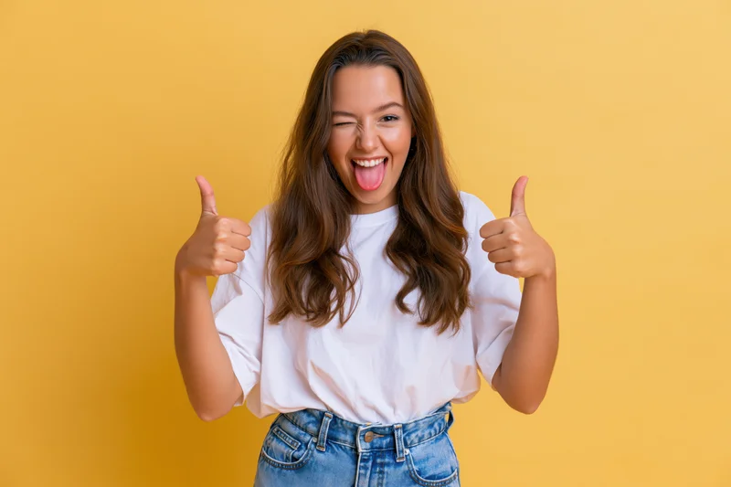 Young woman winking and giving thumbs up with tongue out against yellow background