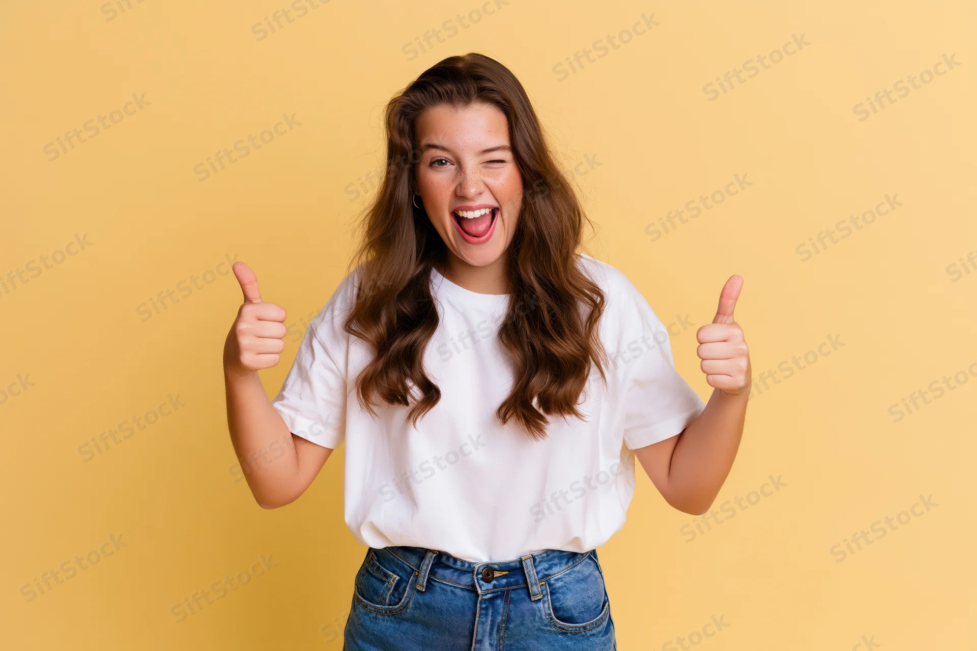 Young woman winking and giving thumbs up against yellow background