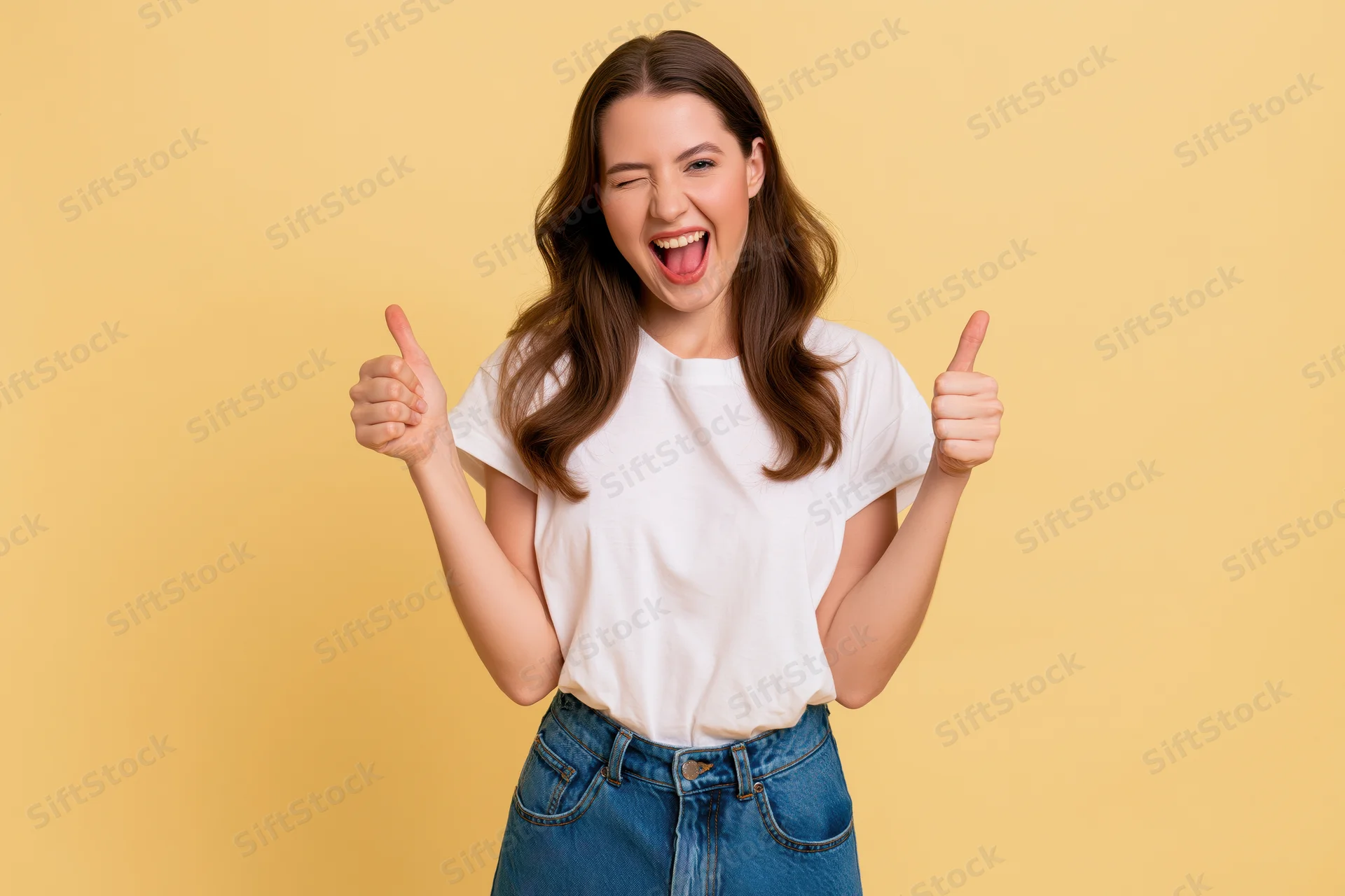 Young woman winking and giving thumbs up in white tshirt and jeans against yellow background
