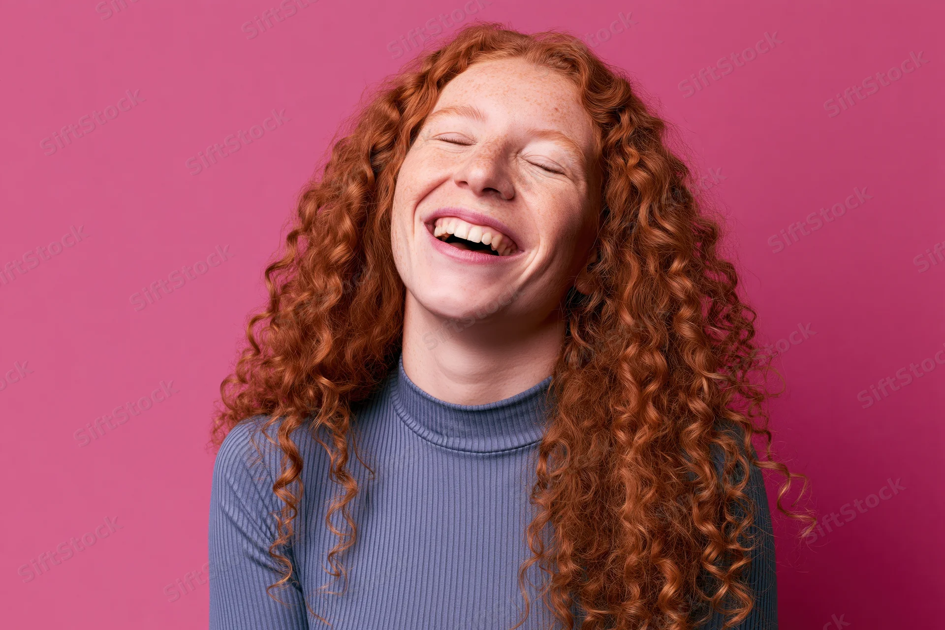 Young woman with long curly red hair laughing wholeheartedly against pink background
