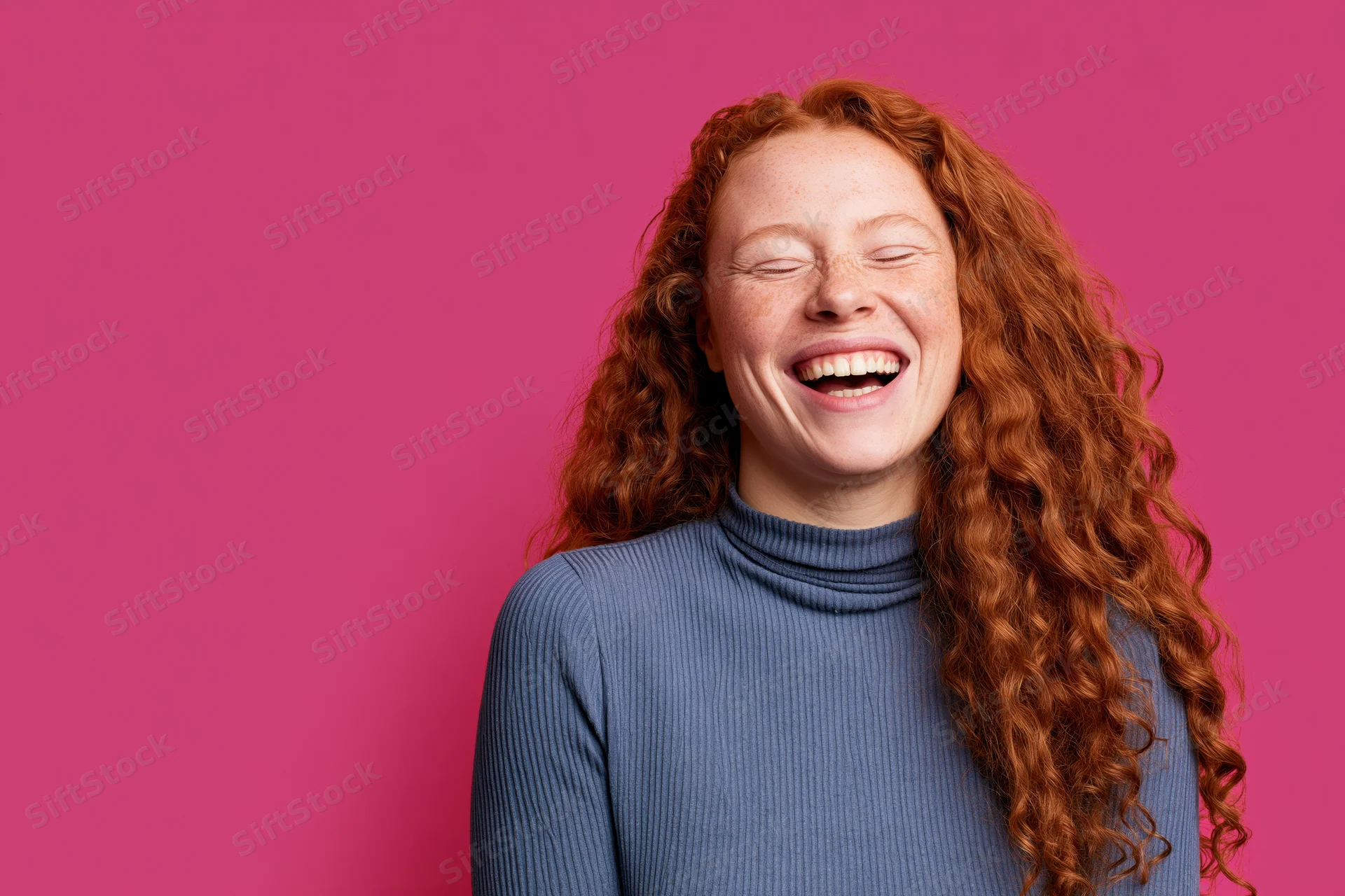 Young woman with long curly red hair laughing wholeheartedly against a pink background
