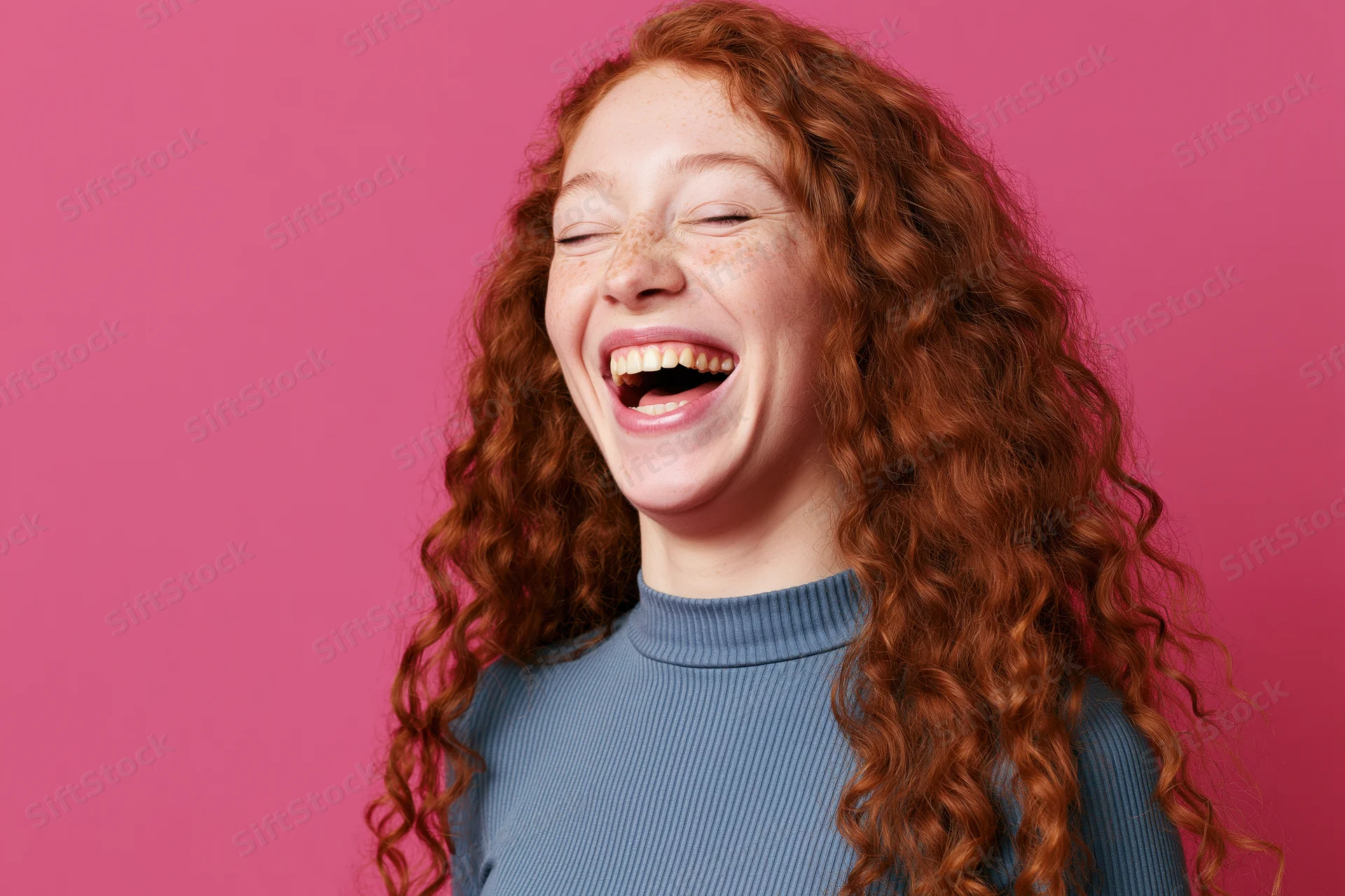 Young woman with long curly red hair laughing wholeheartedly against pink background