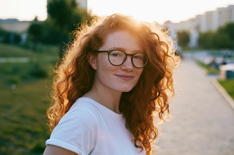 Young woman with long red curly hair and glasses smiling over her shoulder in a park at sunset