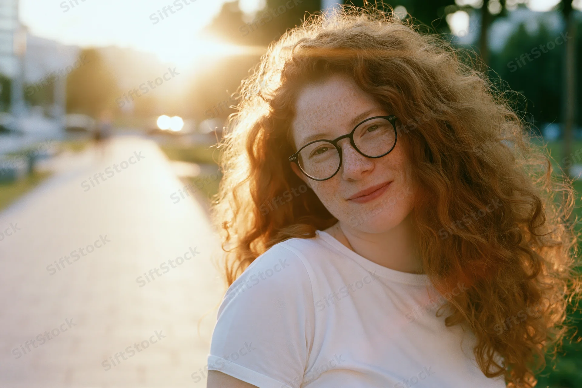 Young woman with long red curly hair and glasses smiling over her shoulder on a sunlit sidewalk in a park