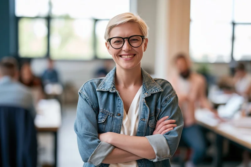 Woman with short blonde hair and black-framed glasses smiling with arms crossed in an office workspace