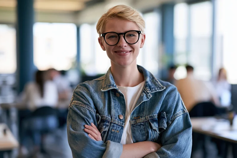 Woman with short blonde hair and black-framed glasses smiling with arms crossed in office setting
