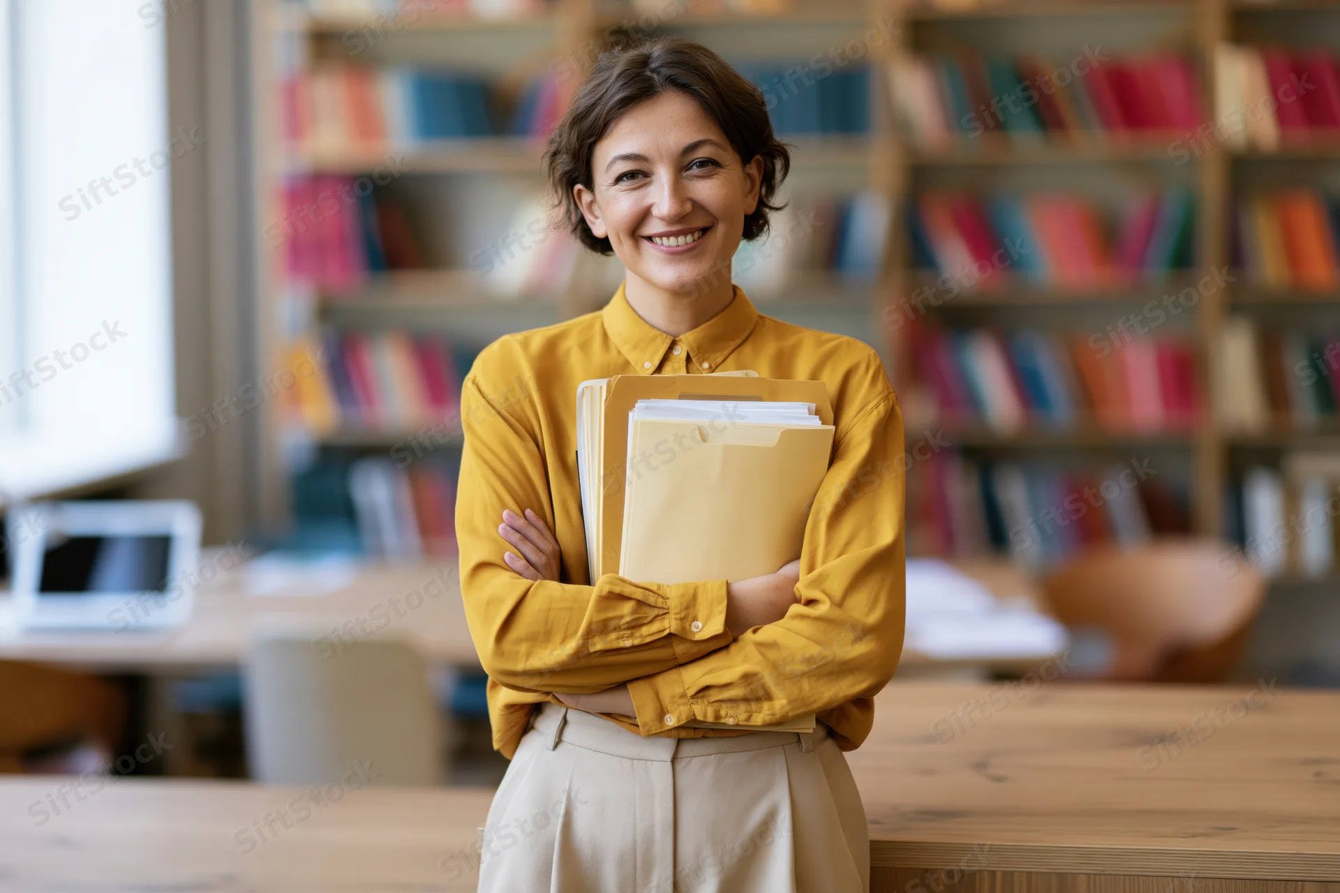 Woman smiling with arms crossed holding folders in a library setting