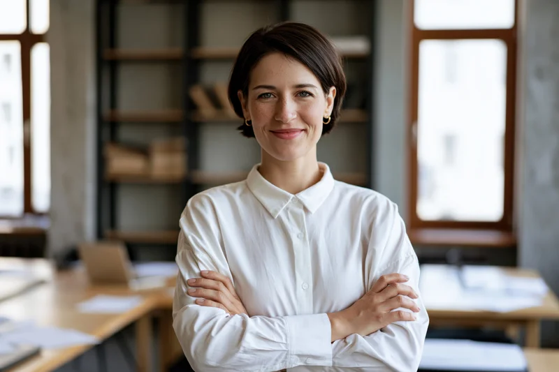 Woman with arms crossed smiling in office setting