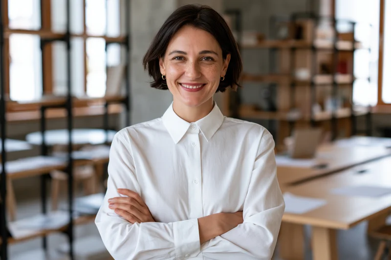 Woman smiling with arms crossed in modern office interior