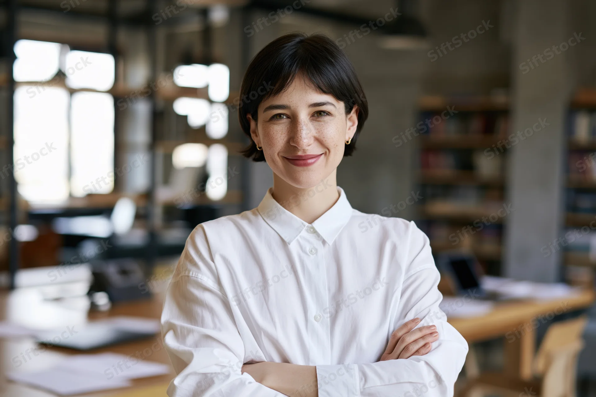 Woman with arms crossed smiling in office workspace
