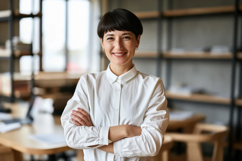 Woman with arms crossed smiling in modern office interior
