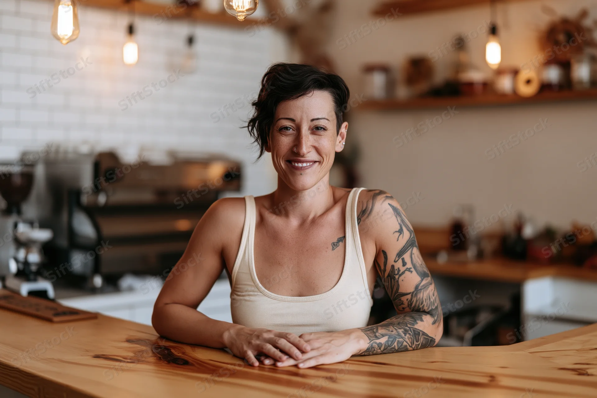 Woman with tattooed arm smiling behind wooden counter in cafe