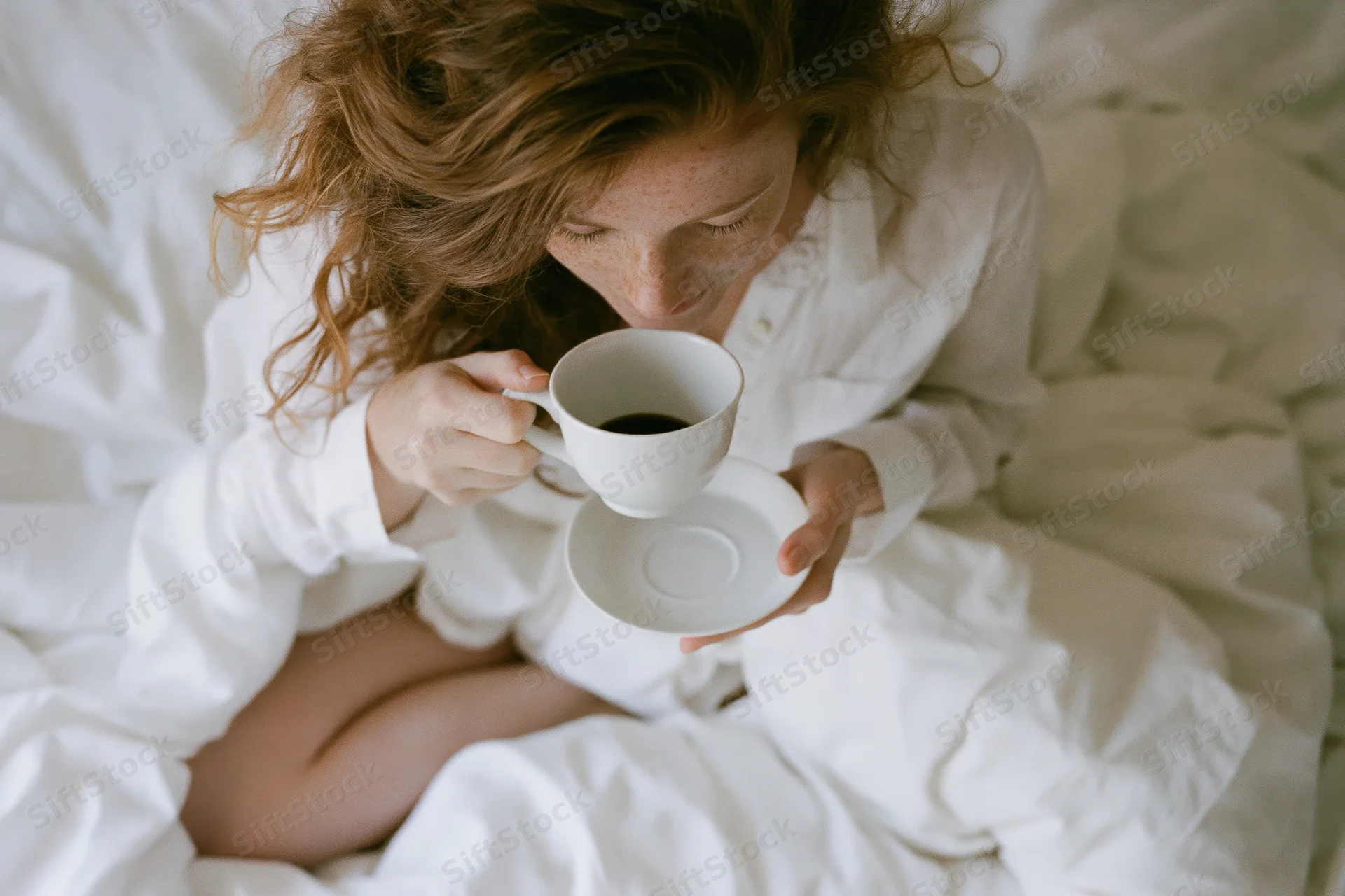 Woman drinking coffee from a white cup and saucer while sitting cross-legged in bed