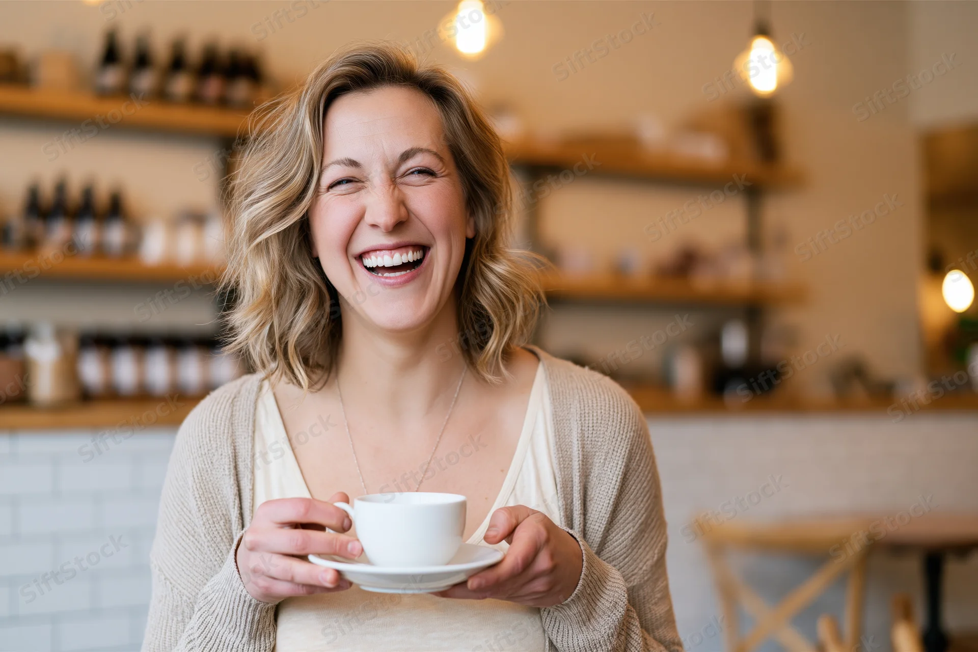 Woman laughing while holding a coffee cup in a cafe interior