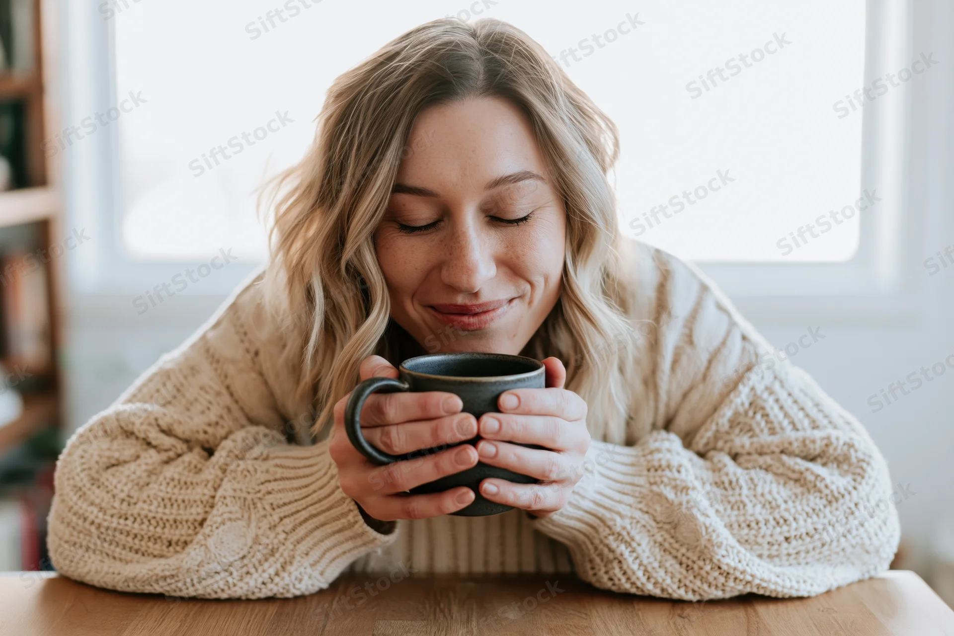 Young woman with wavy blonde hair smiling with eyes closed while holding a ceramic mug at a wooden table indoors