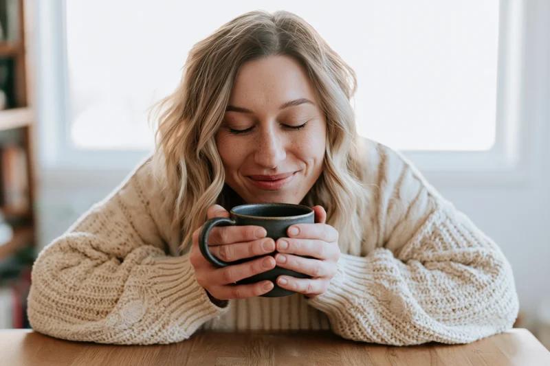 Young woman with wavy blonde hair smiling with eyes closed while holding a ceramic mug at a wooden table indoors