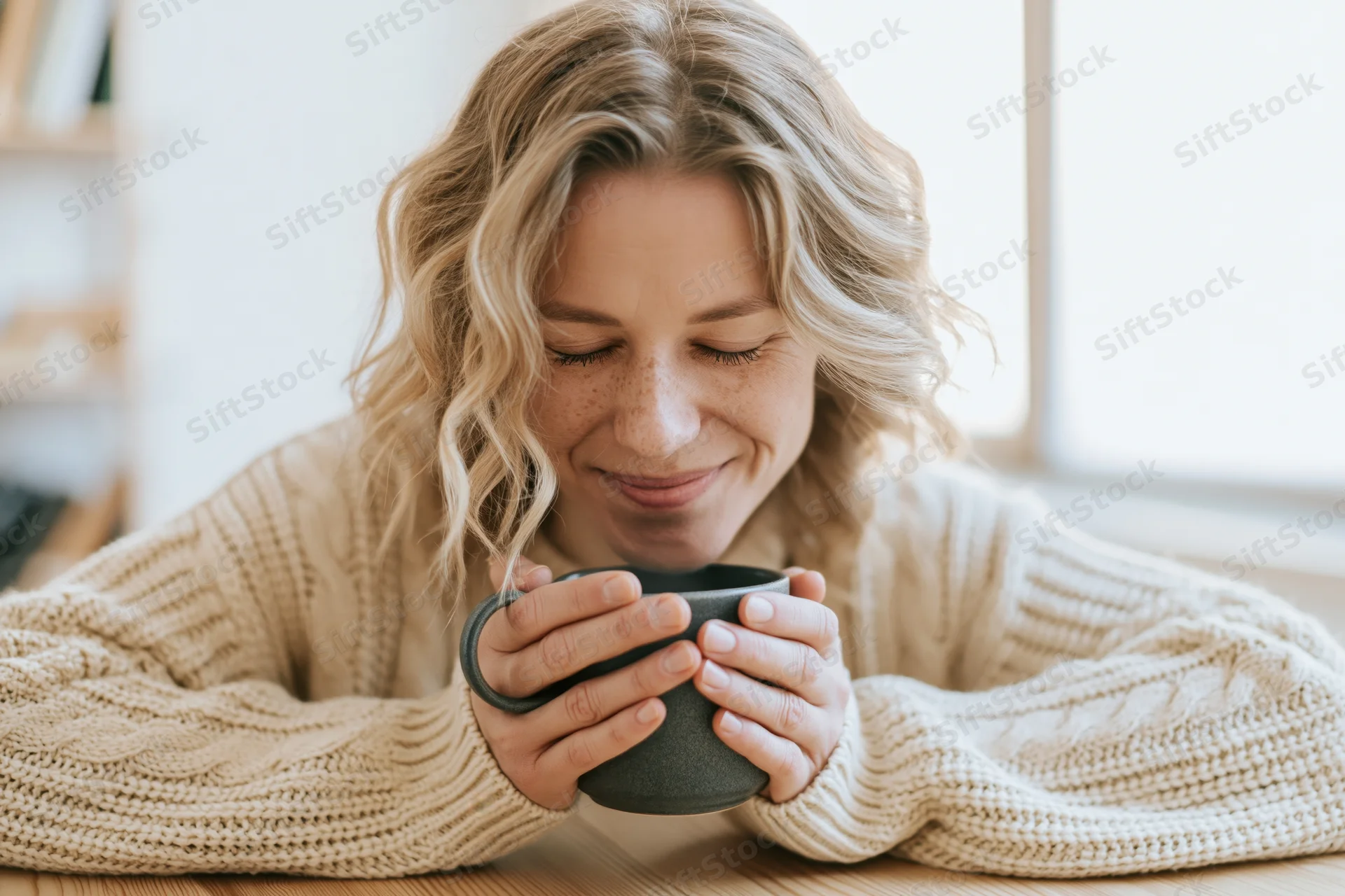 Young woman smiling while holding a ceramic mug at a wooden table