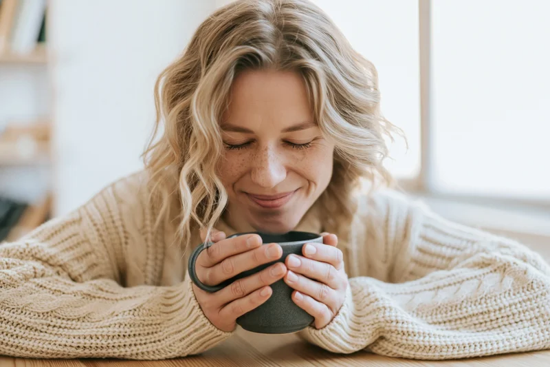 Young woman smiling while holding a ceramic mug at a wooden table