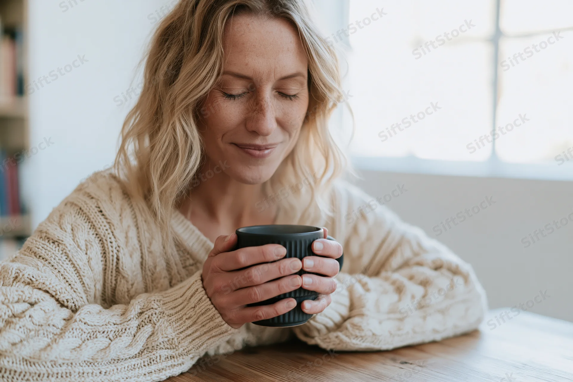 Woman holding a black mug with closed eyes at a wooden table indoors