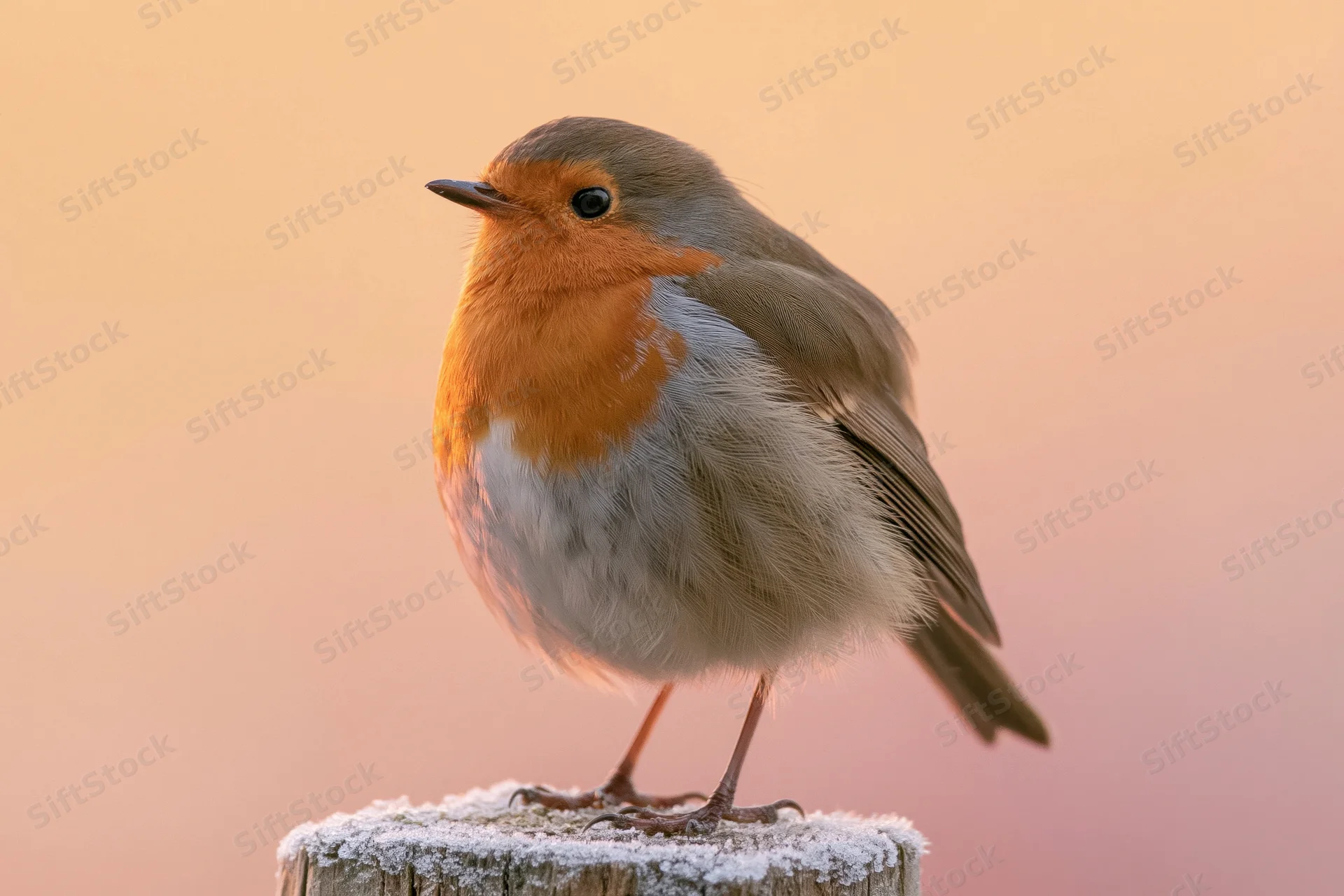 European robin perched upright on a frost-dusted wooden post at sunrise