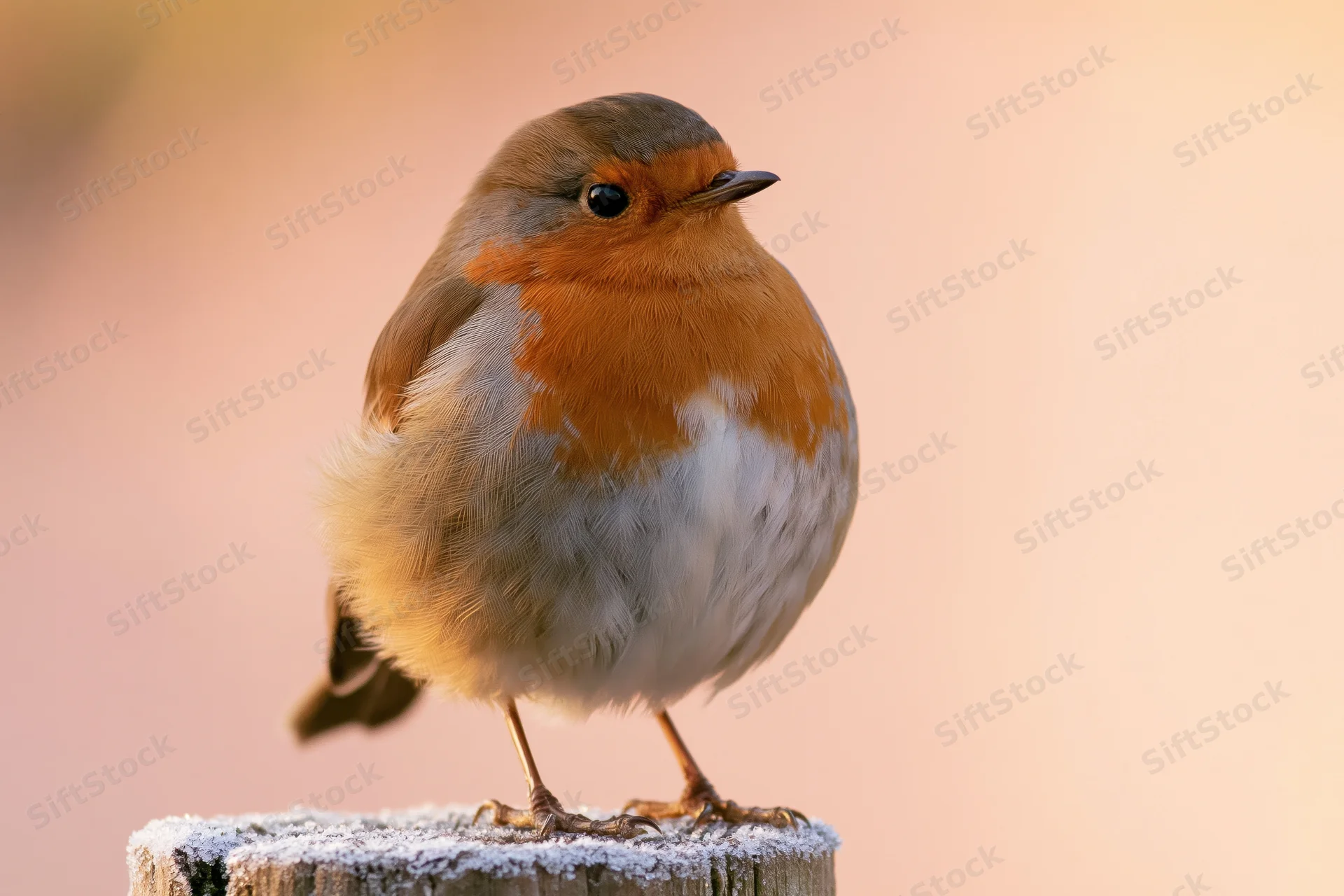 European robin perched upright on a frost-dusted wooden post in soft morning light