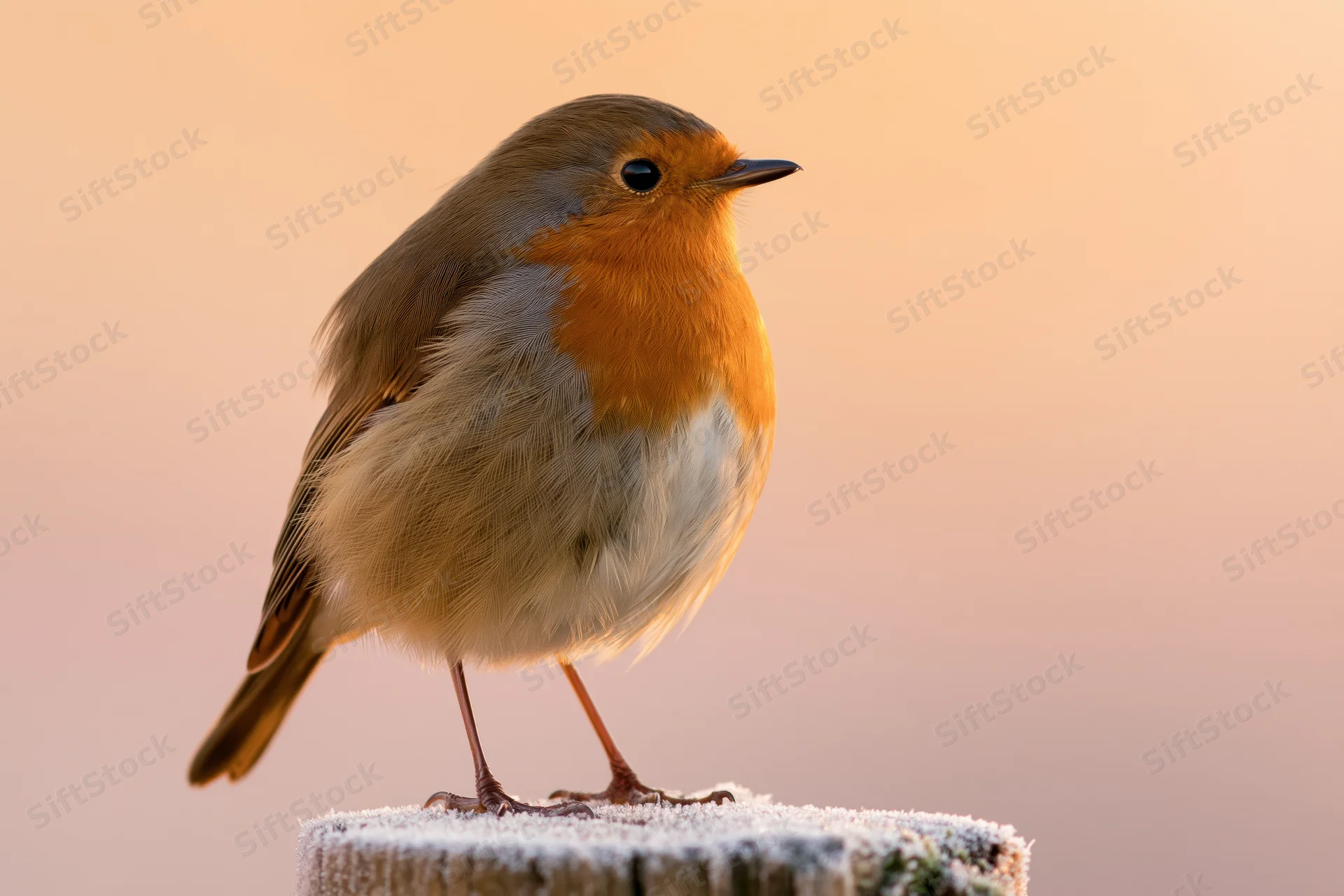 European robin perched upright on a frost-dusted wooden post at sunrise