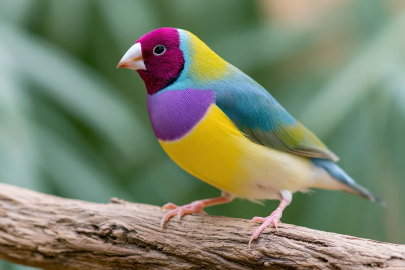 Gouldian finch perched on rough wooden branch in natural setting