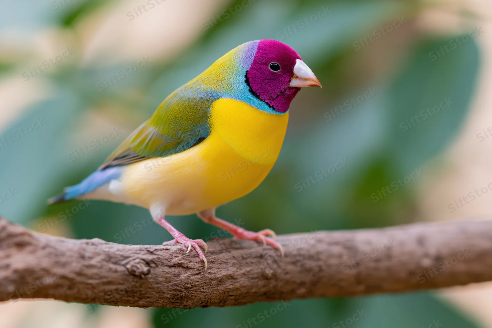 Gouldian finch perched still on a rough wooden branch in natural setting