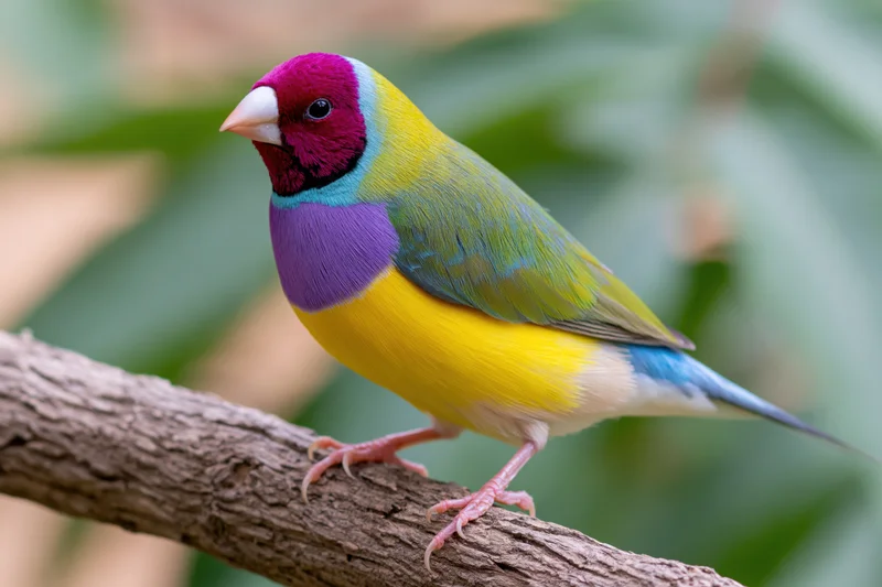 Gouldian finch perched on rough wooden branch in natural setting with foliage background