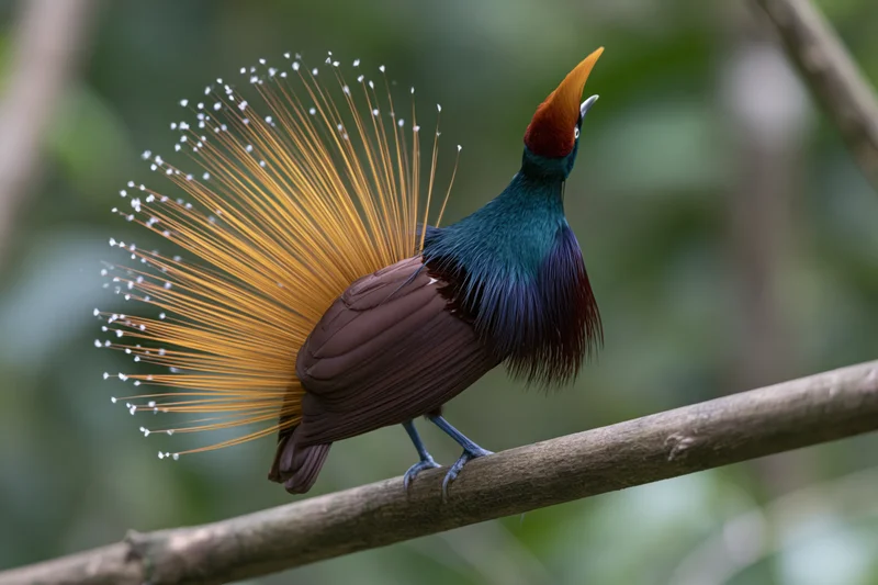Male bird of paradise displaying plumage on a branch in a forest setting