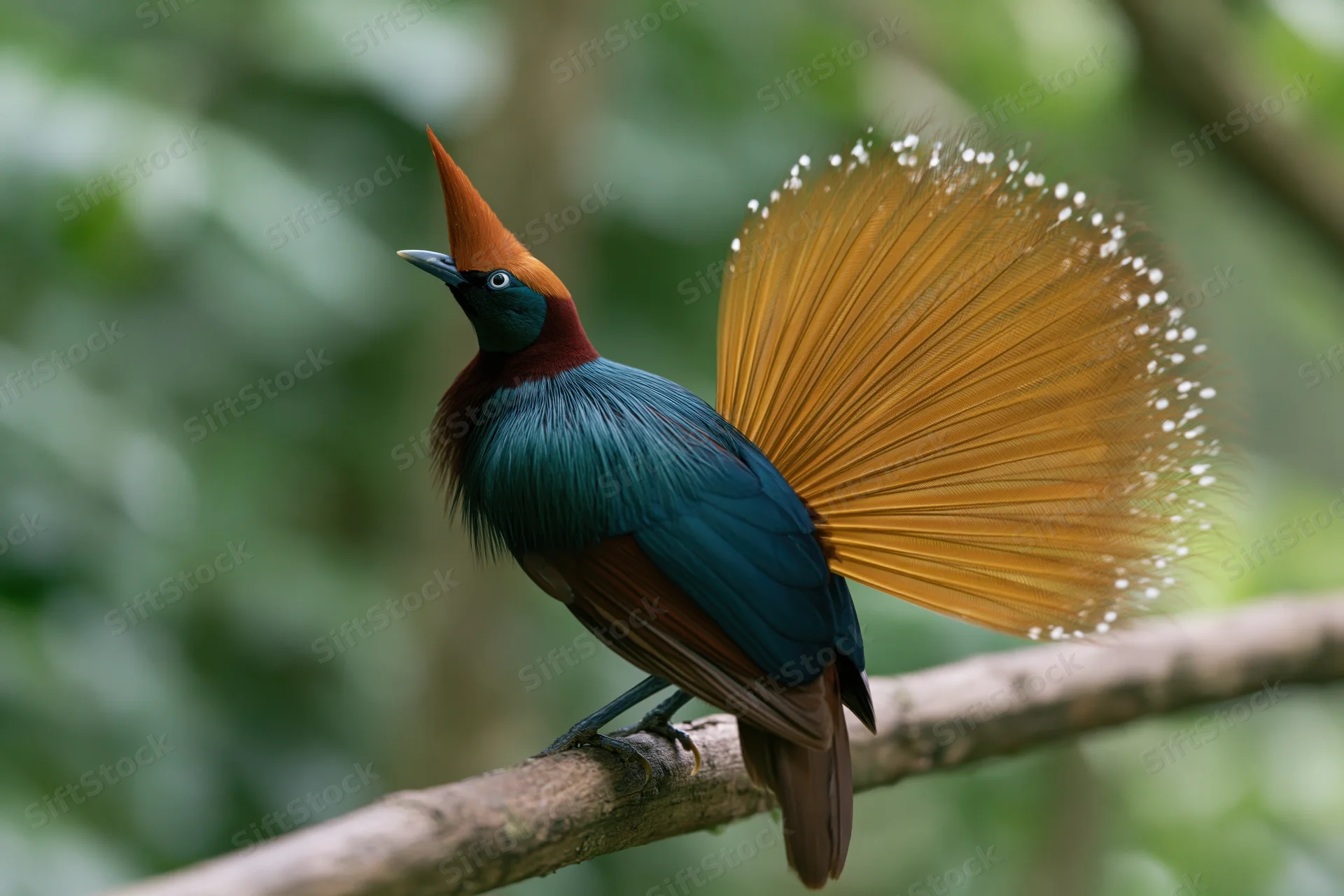 Male bird of paradise displaying fan-shaped tail feathers while perched on a branch in a tropical forest