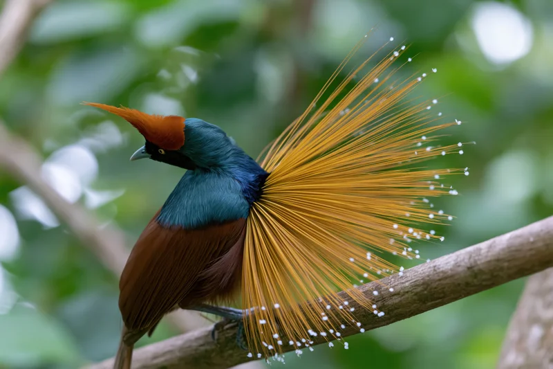 Male bird of paradise displaying vibrant plumage on a tree branch in a tropical forest