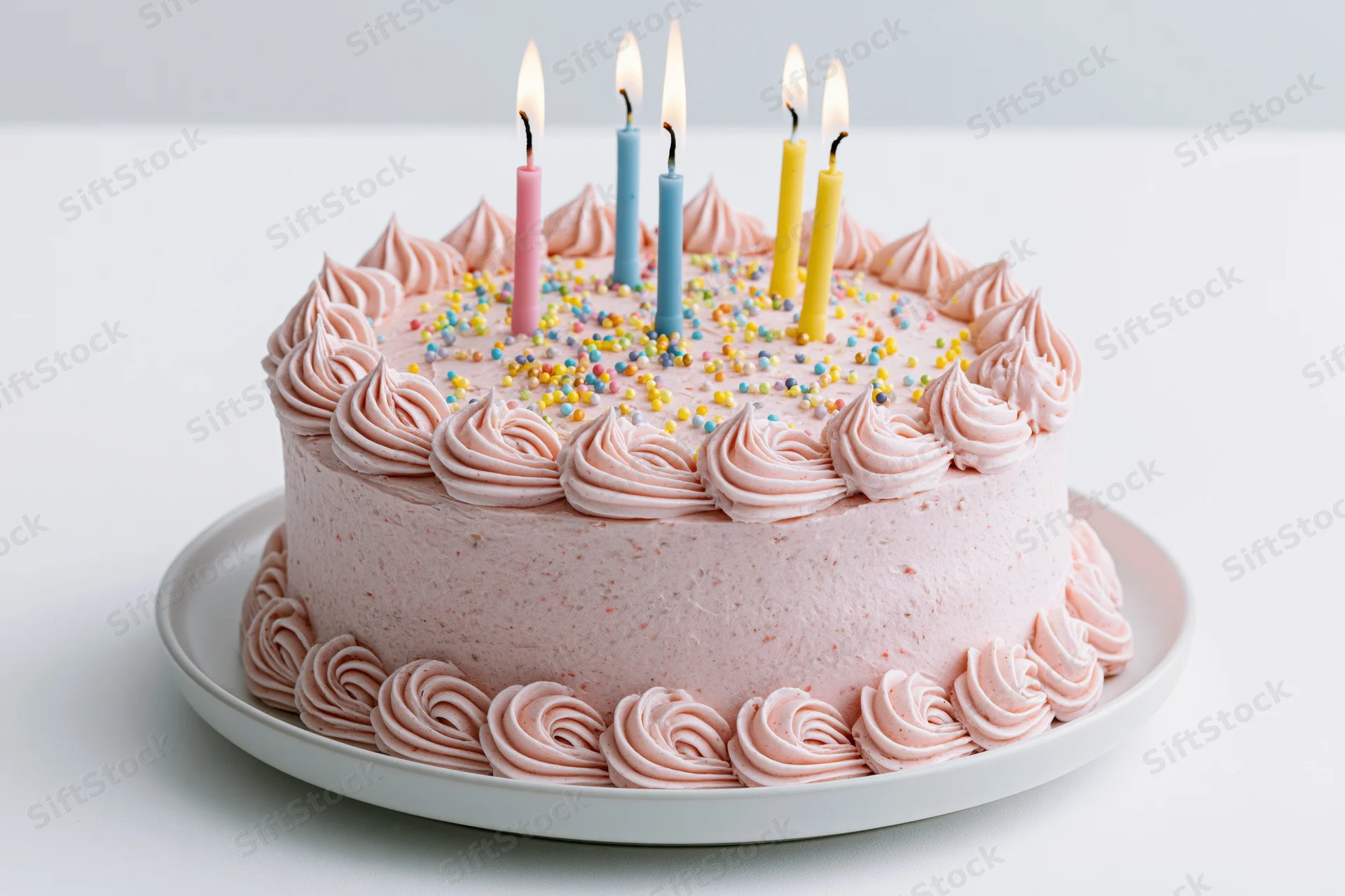 Pink frosted birthday cake with lit candles and sprinkles on white plate