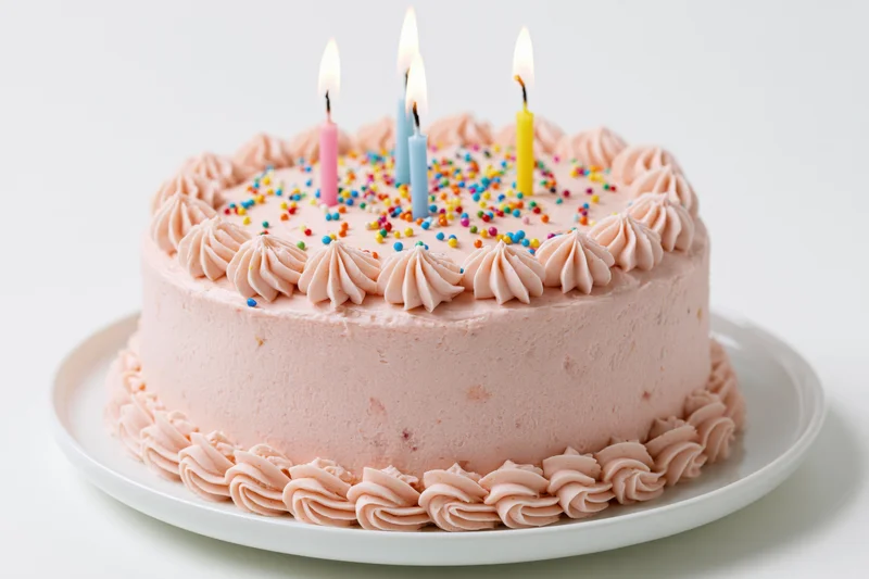 Birthday cake covered in pink frosting with piped rosettes