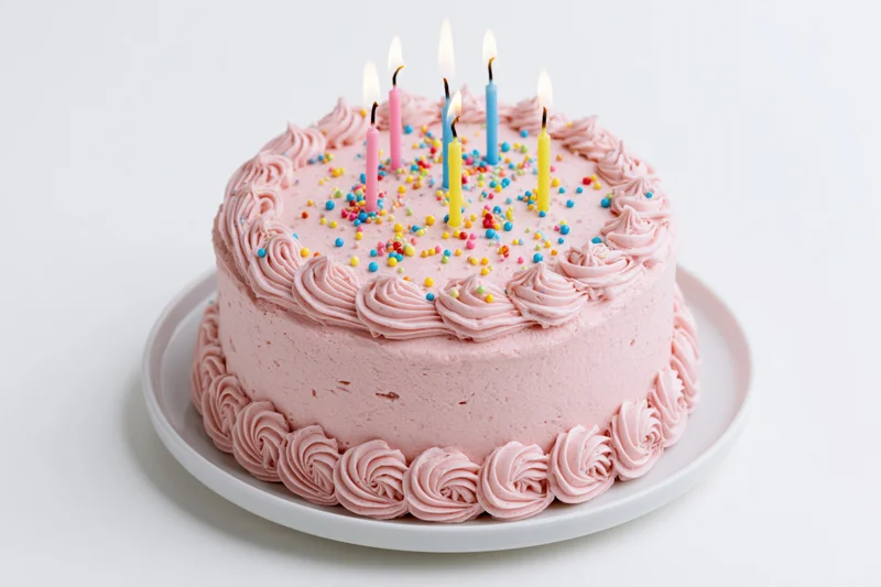 Round birthday cake with pink frosting and lit candles on white plate