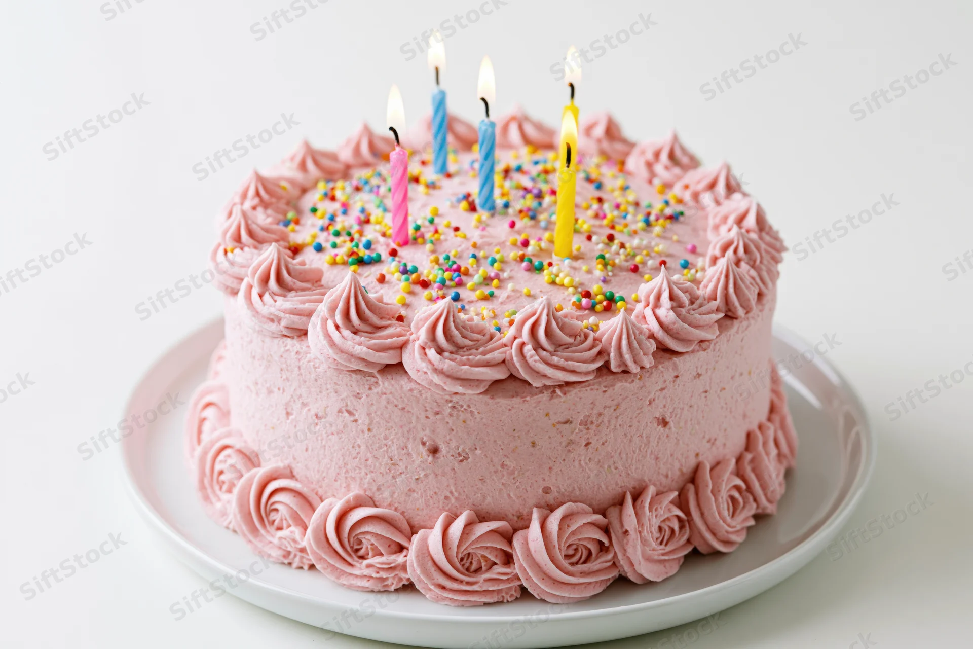 Birthday cake covered in pink frosting with piped rosettes