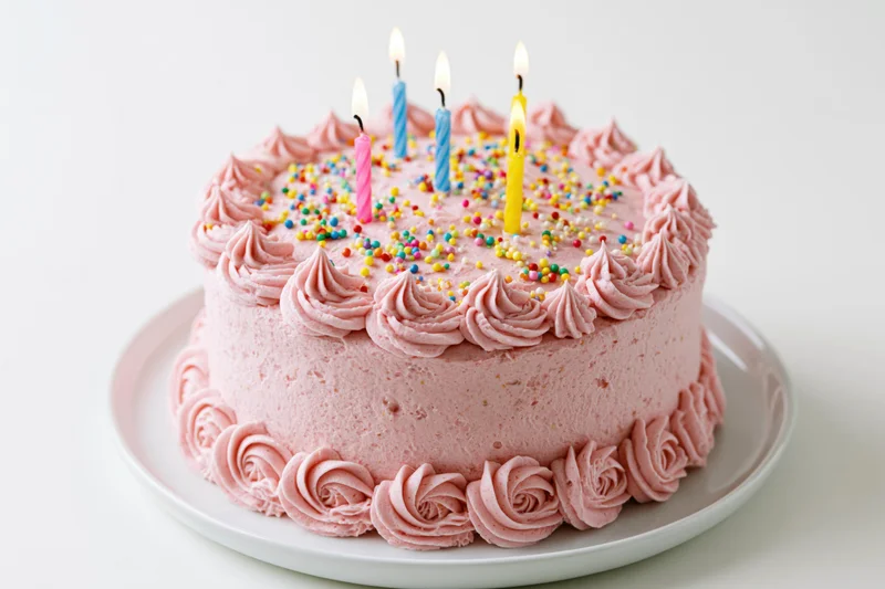Birthday cake covered in pink frosting with piped rosettes