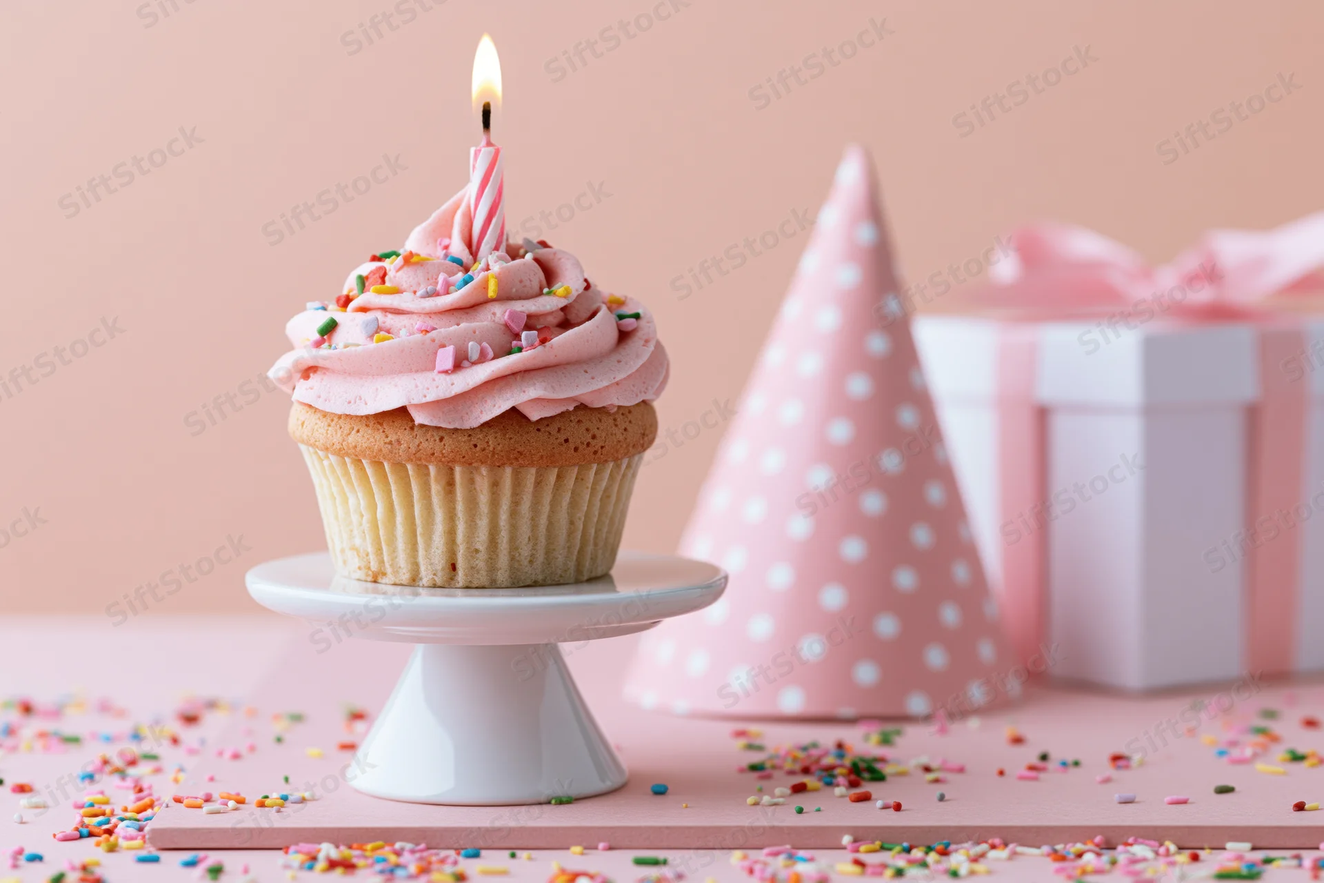 Birthday cupcake with pink frosting and lit candle on a stand, surrounded by sprinkles, party hat and gift box